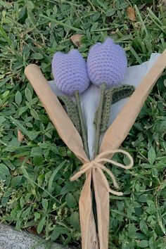 two crocheted flowers are wrapped in brown paper and tied with twine on the grass