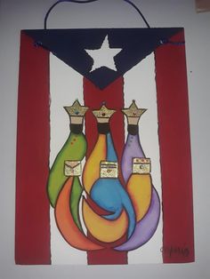 a painting of three bowling pins on a red, white and blue striped background with a star hanging from the ceiling