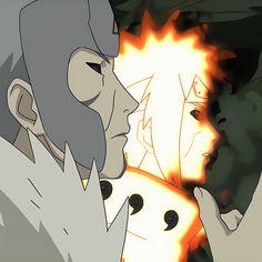 two cartoon characters facing each other with flames in the background