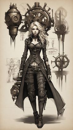 a drawing of a woman in steam punk clothing