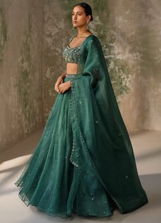 This stunning Pine Green Embroidered Silk Organza Lehenga Set masterfully blends traditional artistry with modern elegance. Crafted from luxurious silk organza, the green lehenga flows gracefully, adorned with delicate hand-embroidered motifs that enhance its ethereal beauty. Paired with a blouse featuring intricate hand embroidery, creates a shimmering effect that elevates the luxurious fabric. Completed with satin organza dupatta that drapes beautifully, showcasing hand-embroidered details along the border for a cohesive and sophisticated finish. Perfect attire for Bride to be Mehndi or Sangeet events, this ensemble promises to leave a lasting impression with its timeless elegance and refined craftsmanship. Composition : Lehenga - Silk Organza, Blouse - Soft Net and Dupatta- Satin Organz Satin Lehenga, Organza Lehenga, Crystal Embroidery, Green Lehenga, Ready To Wear Saree, Indian Wedding Wear, Embroidered Skirt, Organza Dupatta, Silk Organza