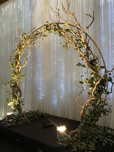 a wedding arch made out of branches and greenery with lights on the wall behind it