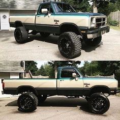 two pictures of the same truck in different stages of being painted white and blue with black rims