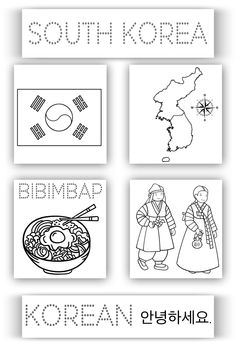 the korean language for children is shown in black and white, with pictures of different countries