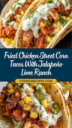 Amazing Taco Recipes, Chicken And Corn Tacos, Yummy Taco Recipes, Best Street Food Recipes, Delicious Mexican Food Recipes, Tacos Ideas For Dinner, Street Taco Ideas, Crispy Poblano Chicken Tacos With Avocado-jalapeño Salsa, Chicken Street Corn Tacos