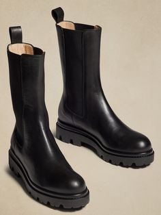 Hudson Leather Tall Chelsea Boot | Banana Republic Ladies Mid Calf Boots, Sam Elderman Boots, European Winter Boots, Boots Tall Black, Mid Calf Boots Women, Tall Chelsea Boots Outfit Women, Cute Shoes For Work, Mid Calf Black Boots Outfit, Calf Height Boots Outfit