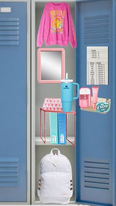 a locker with some items on it and a backpack in front of the locker door