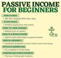 a poster with the words passive income for beginners in green and white lettering on it