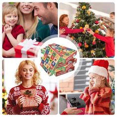 a collage of pictures with people and christmas gifts in them, including a woman holding a gift box