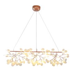 a large chandelier with many lights hanging from it's center and leaves on the bottom