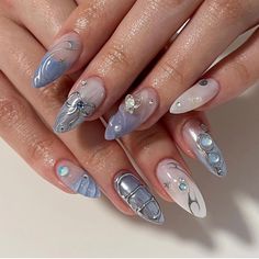 Fake Nails Long, Nagellack Trends, Korean Nails, Blue Nail, Nail Forms, Stick On Nails, False Nail, Nail Arts