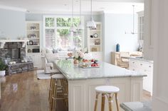 the kitchen is clean and ready to be used as a dining room or family room