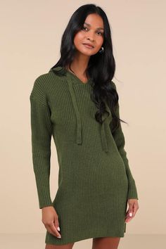 The Lulus Snuggly Option Olive Green Hooded Mini Sweater Dress is the cutest and coolest way to stay cozy all day long! Super soft ribbed knit shapes this must-have sweater dress that features an oversized drawstring hood framed by long sleeves with drop shoulders. Relaxed, shift silhouette leads to a cute mini hem. Pair with your cutest knee-high boots for the ultimate cold-weather look! Fit: This garment fits true to size. Length: Mid-thigh. Size medium Bust: Great for any cup size. Waist: Not Fitted - comfortable room throughout midsection. Hip: Not Fitted - room for hips. Undergarments: May be worn with any standard bra. Fabric: Fabric is very stretchy. Unlined. 53% Polyester, 35% Recycled Polyester, 12% Nylon. Hand Wash Cold. Do Not Bleach. Line Dry. Iron Low Heat. Imported. Lulus | S Cozy Ribbed Sweater Dress For Winter, Cozy Ribbed Winter Sweater Dress, Trendy Long Sleeve Knit Sweater Dress, Fall Ribbed Knit Sweater Dress, Ribbed Knit Sweater Dress For Loungewear, Casual Knitted Sweater Dress For Loungewear, Trendy Knit Sweater Dress For Winter, Casual Spring Sweater Dress With Ribbed Cuffs, Casual Sweater Dress With Ribbed Cuffs For Spring