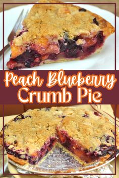 peach blueberry crumb pie on a white plate