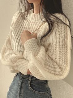 Loose Vintage Harajuku Sweater Korean for Women – Queencloth Estilo Harajuku, Pull Rose, Winter Knitwear, Lantern Sleeve Sweater, Cropped Pullover, Winter Pullover, Round Neck Sweaters, Chunky Knits Sweater, Outfit Casual