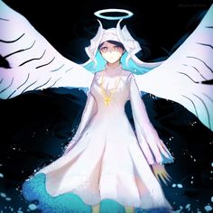 an angel standing in front of a black background with white wings and a halo on her head