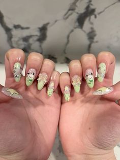 cute pastel green pochacco star and spring nails by meee. Sanrio Nails Keroppi, Nail Green Pastel, Pochacco Nails Acrylic, Cute Green Nails Ideas, Bday Nail Ideas, Green Nail Inspo Almond, Green Birthday Ideas, Green Cute Nails, Green Gel Nails Ideas