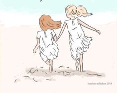 two girls are walking on the beach with their arms around each other