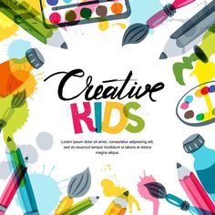 Kids art, education, creativity class concept. Vector banner, poster background with calligraphy, pencil, brush, paints. vector illustration Hand Drawn Calligraphy, Art Videos For Kids, Pencil Brush, Poster Template Design, Vector Banner, Frame Background, Poster Background