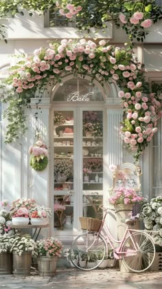 a bicycle parked in front of a flower shop with pink flowers on the windowsill