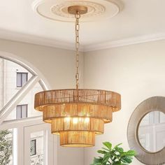 a chandelier hanging from the ceiling in a dining room with potted plants