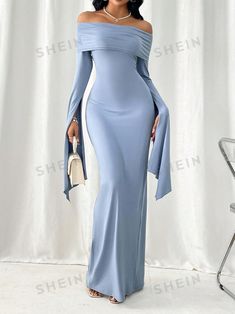 Shein Dinner Dresses, Bridesmaid Plus Size Dresses, Classy Prom Dresses Long Sleeve, Royal Blue Dress Modest, Long Dress Design For Wedding, Patchwork Maxi Dress, Long Maxi Dress Outfits Classy, Off The Shoulder Sleeve Wedding Dress, Off Shoulder Dinner Dress