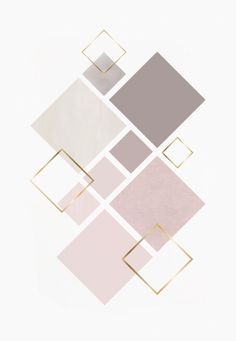 an abstract design with squares and rectangles in grey, pink, white and gold