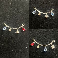 three pictures of the same chain with charms attached to it, one is red and one is blue