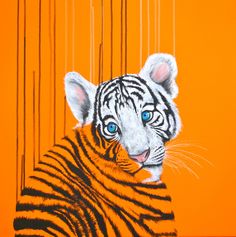 a painting of a white tiger with blue eyes on an orange background and lines hanging from it's sides