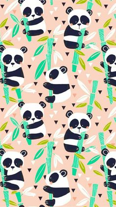 a panda eating bamboo on a pink background