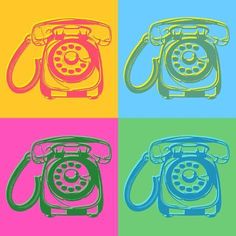 an old phone in four different colors on the same color background, each with a telephone receiver