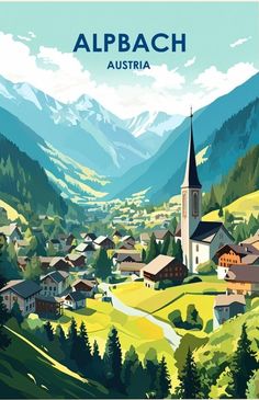 an image of a beautiful mountain town with mountains in the backgroung and blue sky