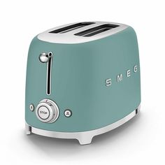 a toaster with the word smeg on it's front and side buttons