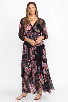 Crafted from 100% sumptuous silk, the Lizzy Ruffle Maxi Dress is beautifully adorned with bold floral blooms. Featuring a deep V-neckline and gently puffed sleeves, this slip-lined dress offers an empire waist and tiered A-line skirt for a flowing, feminine silhouette. Pair with espadrille wedges and a classic black clutch for an evening out. Johnny Was Women's Lizzy Ruffle Maxi Dress in Juliette Black, Size 3XL, Silk, Floral Spring Evening V-neck Floral Dress, Spring Evening Floral V-neck Dress, Bohemian V-neck Floral Dress For Daywear, Spring Silk Maxi Dress With V-neck, Silk V-neck Maxi Dress For Spring, V-neck Floral Print Dress For Daywear, Silk Floral Print V-neck Dress, Silk V-neck Floral Print Dress, Silk V-neck Dress With Floral Print