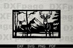 an image of deer in the woods on a brick wall with black and white background