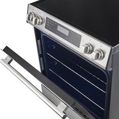 an oven with its door open and the light on, is shown in stainless steel