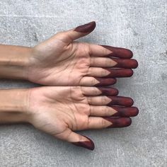 two hands with long, dark red nails on their fingertipss are shown from above