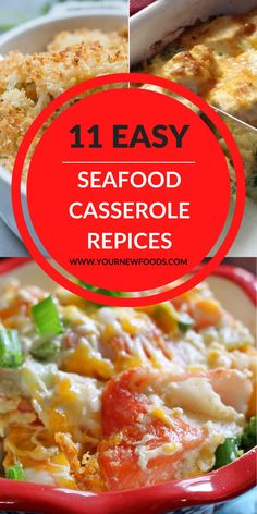 seafood casserole recipe with text overlay that reads 11 easy seafood casserole recipes