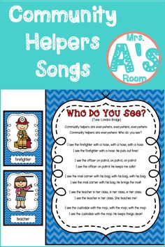 the community helpers song is shown in blue and white