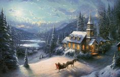 a painting of a christmas scene with a horse drawn sleigh