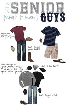 a poster with different types of clothes and shoes on it's sides, including the words senior guys what to wear?