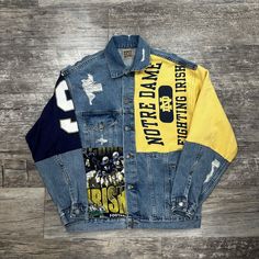 No Size - Please Refer To Measurements Pit To Pit Measures 22.5 In Length Measures 24.5 In Notre Dame College Distressed Appearance Gently Used! College Denim Jacket, Football Blue Jean Jacket, Football Denim Jacket, Chiefs Jean Jacket, Chiefs Denim Jacket, Nfl Jean Jacket, Notre Dame College, Jean Coat, Jean Jacket