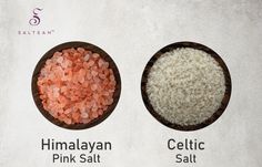 three bowls filled with different types of pink salt and himalayan salts on top of each other