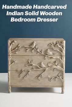 Upgrade your bedroom with this enchanting, handcrafted 3 Drawers Dresser! Straight from the vibrant heritage of India, this solid wooden gem, intricately hand carved, will add unique charm to your space. Perfect for DIY enthusiasts looking to elevate their bedroom makeover. Discover the joy of owning a piece of Indian craftsmanship. Let's create your ideal retreat together! #chestof3drawers #birddresser #solidwooden #handcarveddresser #indianfurniture #bedroomdresser #furniture #sale Home Furniture, Three Drawer Dresser, Dresser Top, Wooden Chest, Dresser Drawers, Armoire, Decorative Tray, Hand Carved, Dresser