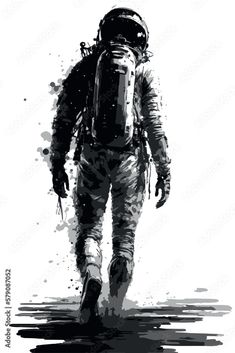 an astronaut is walking down the street with his back pack in black and white ink