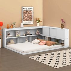 a bedroom with a bed and shelves in it