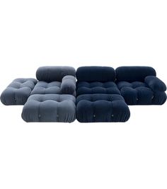 four pieces of blue velvet couches with buttons on the back and one piece in the middle