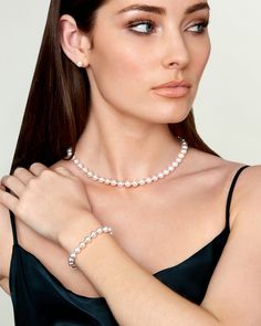 This beautiful Akoya pearl set will offer the full experience  of our beautiful AAA quality [Japanese Akoya pearls](https://www.thepearlsource.com/akoya-pearls.php) at a discount.  All pearls in  your necklace and bracelet are round and are strung with silk thread and double-knotted between each pearl.  The necklace and bracelet comes standard with a beautiful 14K matching gold clasps, though premium clasps can be selected for an additional cost.  All pearls on the necklace, bracelet, and earrin Pearl Jewelry Sets, Necklace And Bracelet, Pearl Set, Akoya Pearls, Silk Thread, White Pearl, Cultured Pearls, Necklace Bracelet, Pearl Jewelry