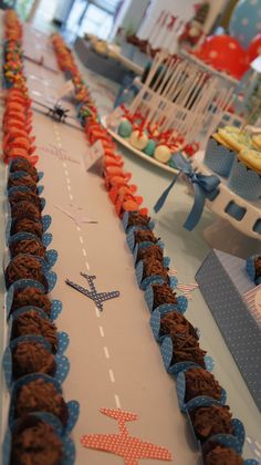 an airplane themed birthday party with desserts and decorations