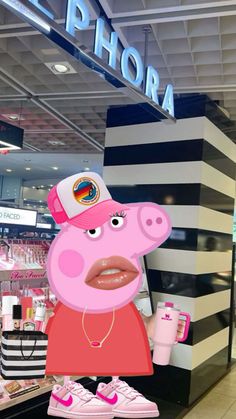 the peppa pig mascot is standing in front of a store display with its mouth open